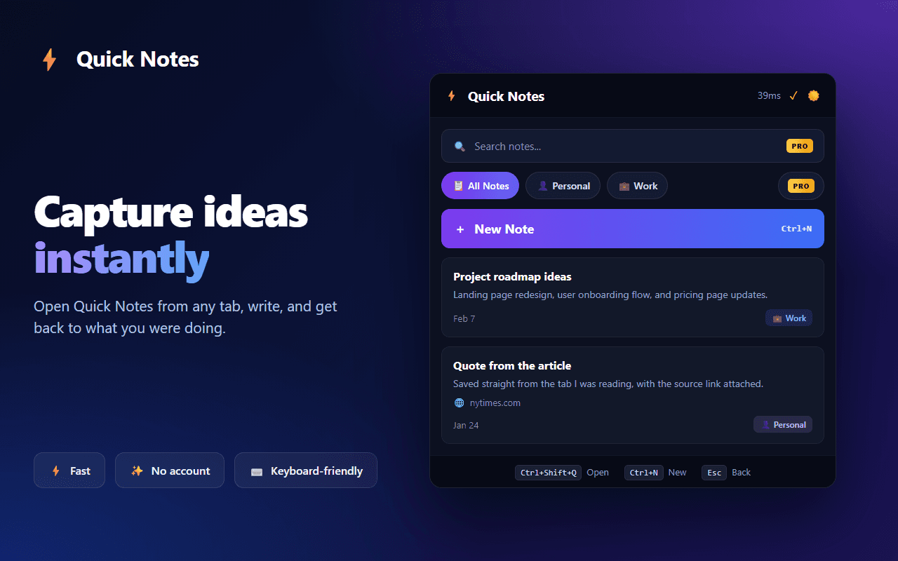 Quick Notes extension showing the notes list with All Notes, Personal, and Work filters
